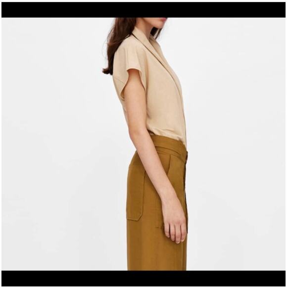 Zara Surplice Plunging Wrap Beige Bodysuit Blouse Size Medium Casual Business - Picture 8 of 15